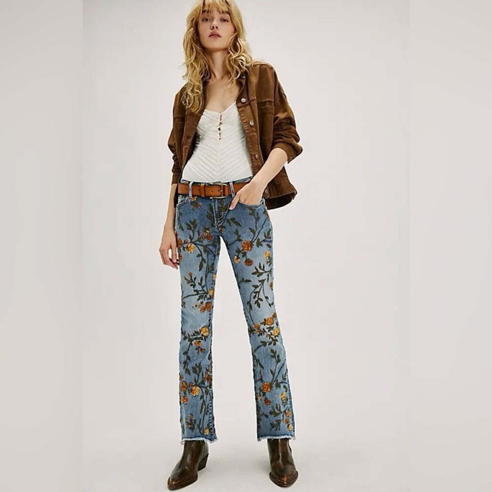 Driftwood Eva Jeans- Harvest Moon. Embroidered Floral Slim Boot Cut Denim